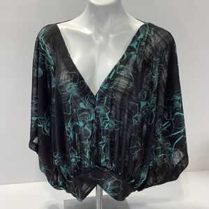 Free People Blouse Black and Teal Floral Draping Wide Sheer Deep V Cropped Top L